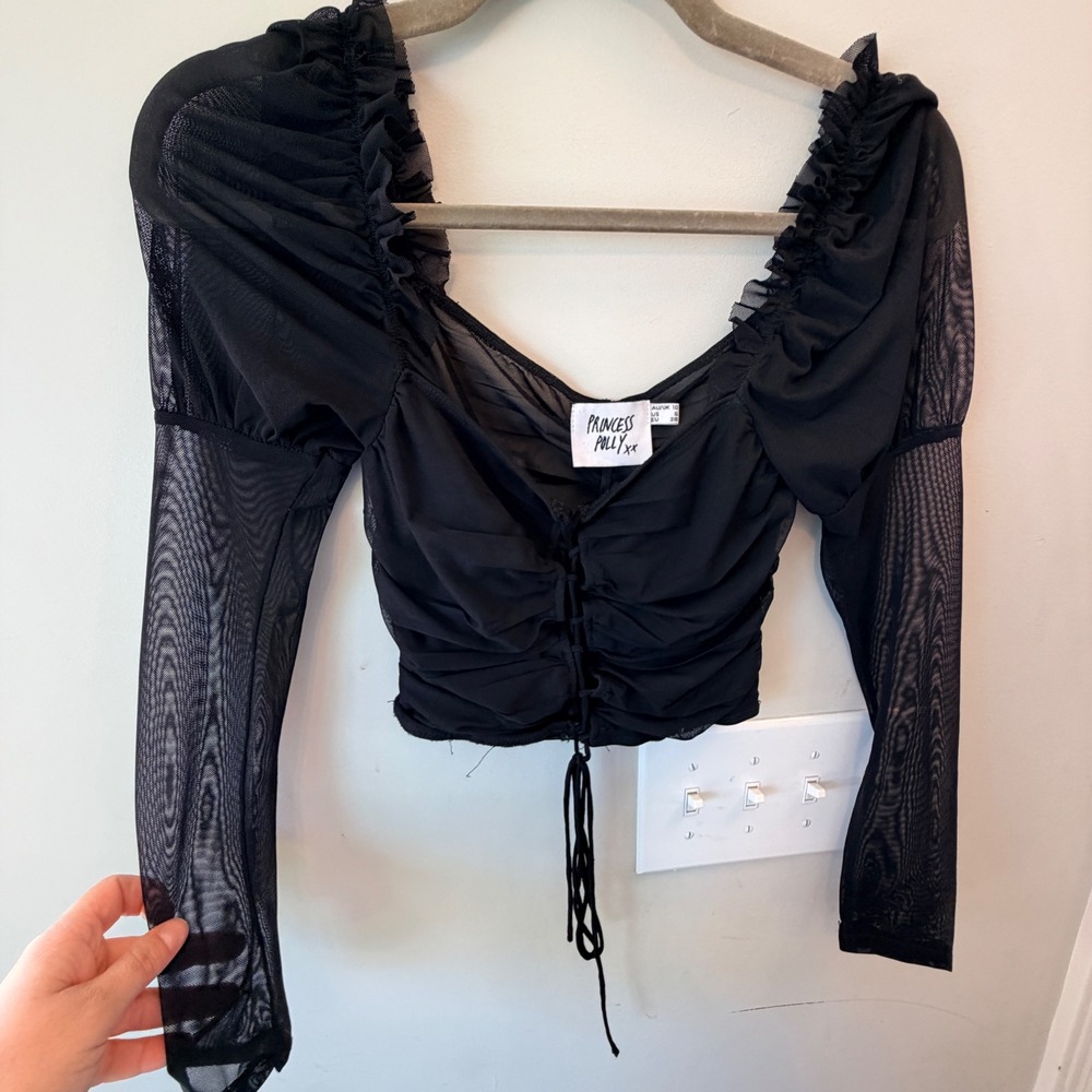 Princess Polly Mesh Crop Top Women Size 6 Black Ruched Sheer Sleeve Whimsigoth